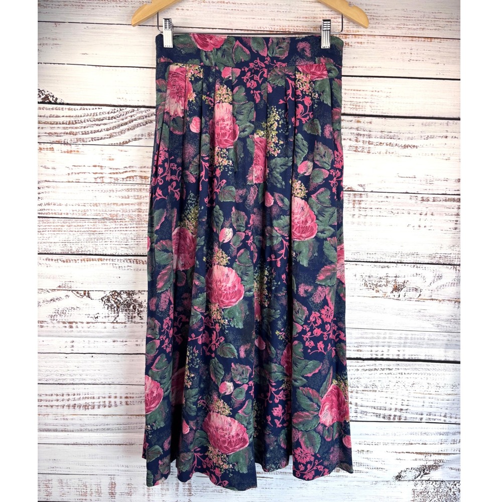 Vintage Floral Rayon Midi Skirt M Elastic Waist Pleated‎ Navy Pink Feminine